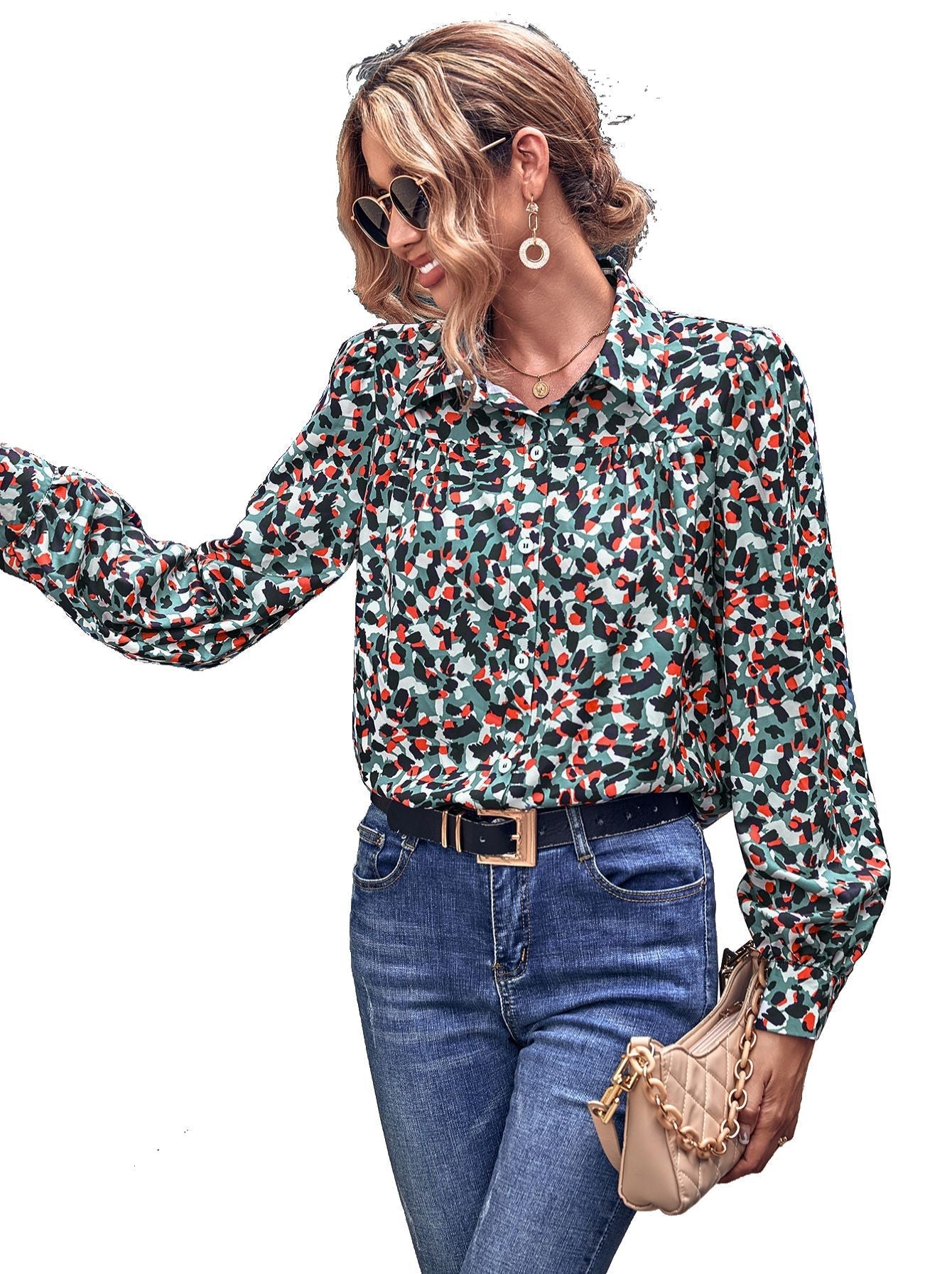 Damen Bluse mit floralem Muster und Puffärmeln Shopnory