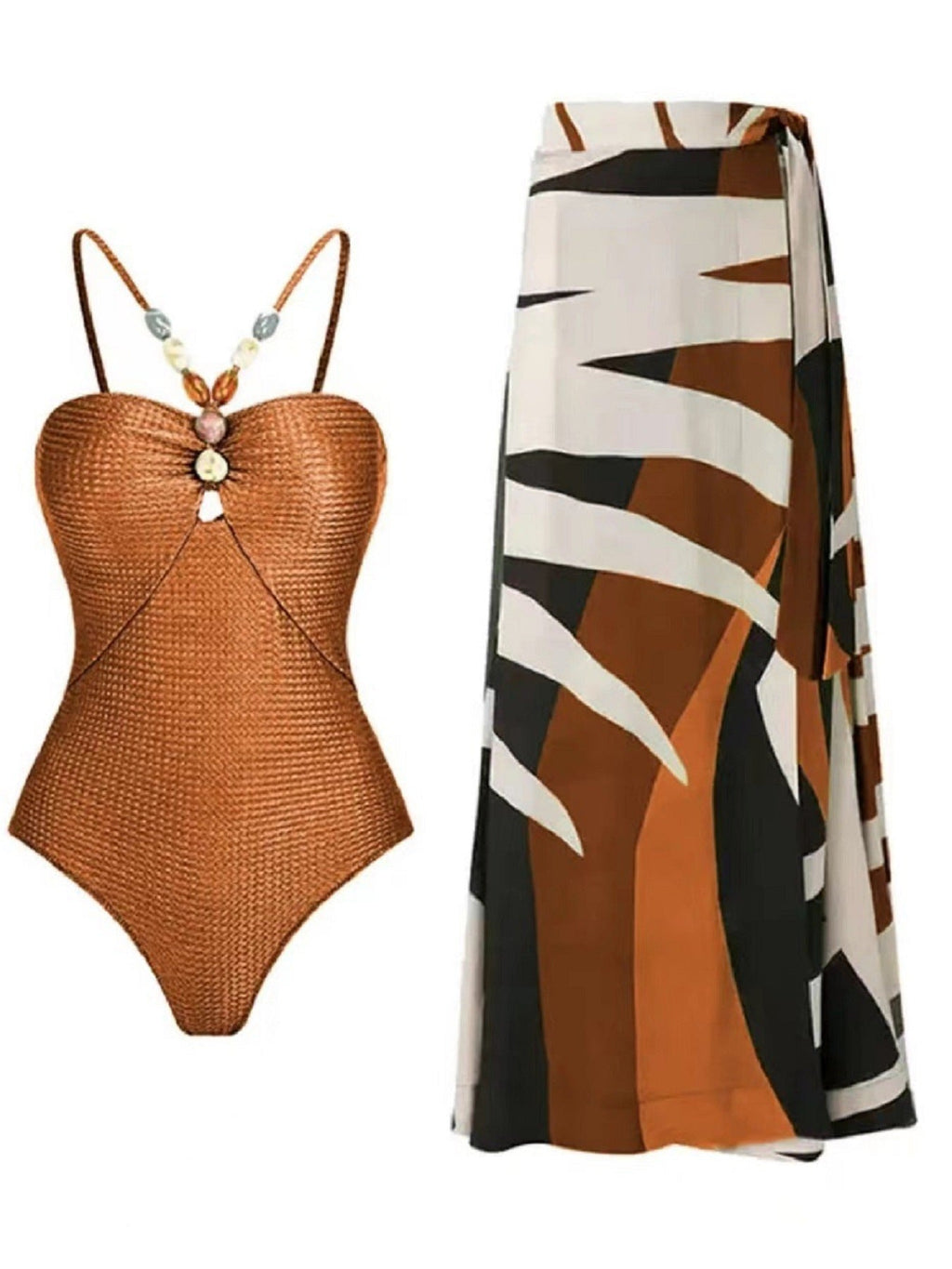 Damen Badeanzug mit elegantem Wickelrock und modischen Schmuckdetails