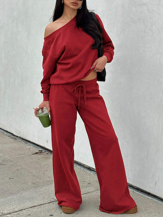 Damen Lässiges Off-Shoulder Lounge-Set aus French-Terry mit weitem Bein und Kordelzug Shop Nory