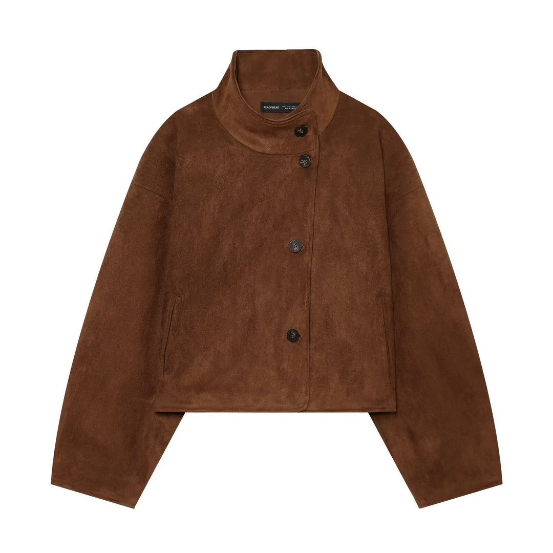 Damen Boxy-Shortjacke aus Velourslederoptik mit hohem Stehkragen Shop Nory
