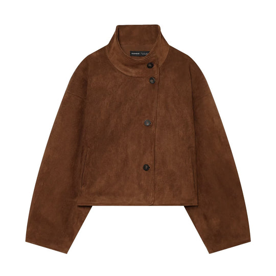 Damen Boxy-Shortjacke aus Velourslederoptik mit hohem Stehkragen Shop Nory