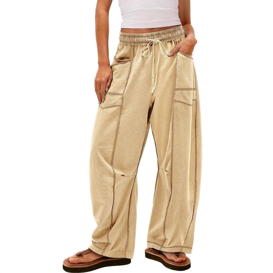 Damen weite Cargo-Loungehose mit elastischem Bund und Kontrastnähten Shop Nory