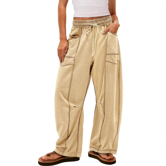 Damen weite Cargo-Loungehose mit elastischem Bund und Kontrastnähten Shop Nory
