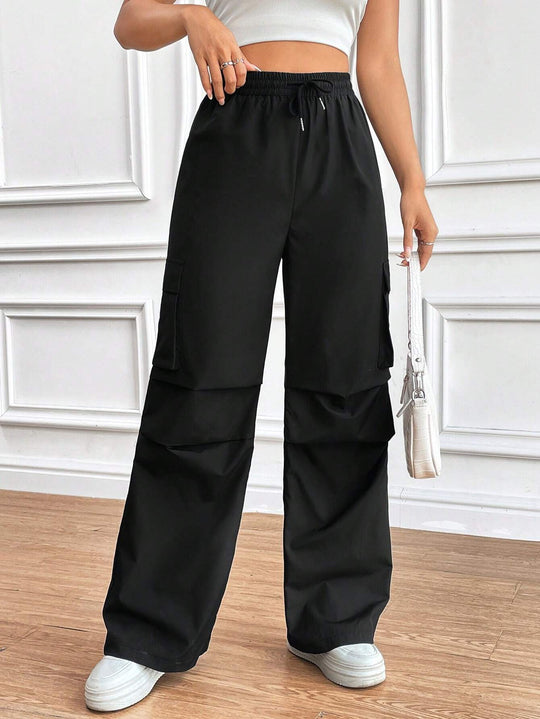 Damen Weite High‑Waist Cargo‑Hose mit Elastikbund und großen Klappentaschen Shop Nory