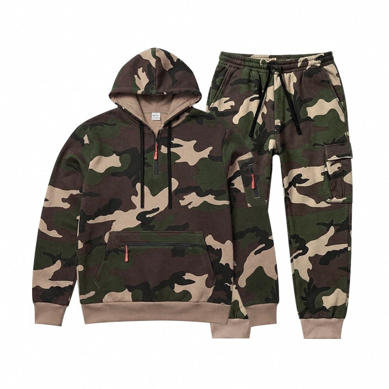 Herren Camouflage Kapuzensweatshirt- und Jogginghose Set mit Cargo-Taschen und Reißverschlüssen Shop Nory