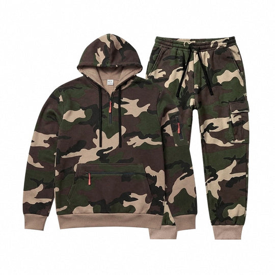 Herren Camouflage Kapuzensweatshirt- und Jogginghose Set mit Cargo-Taschen und Reißverschlüssen Shop Nory