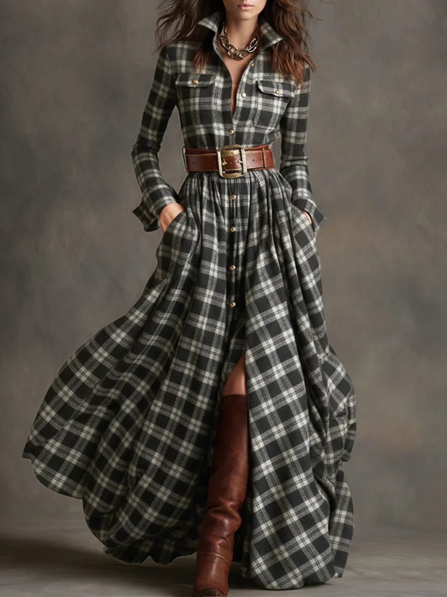 Damen nan karierte Maxikleid Hemdblusenkleid mit ausgestelltem Rock und breitem Taillengürtel Shop Nory