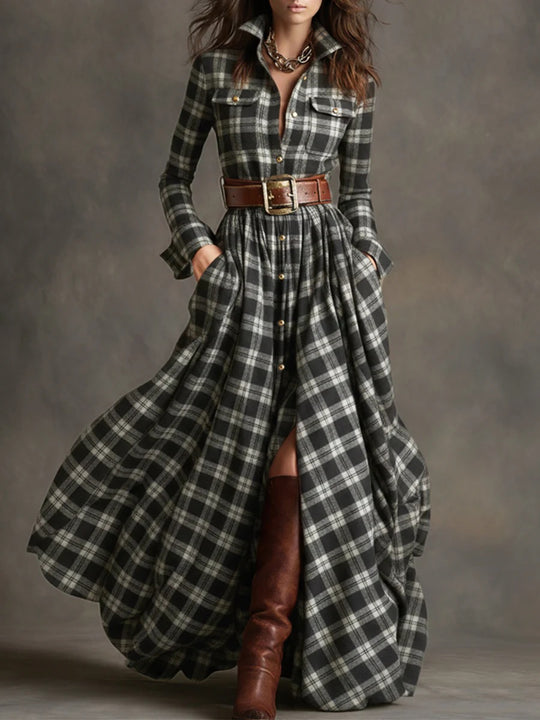 Damen nan karierte Maxikleid Hemdblusenkleid mit ausgestelltem Rock und breitem Taillengürtel Shop Nory