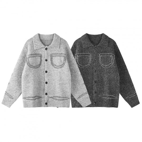 Unisex Oversize Strickjacke im Hemdjacken-Look mit Kragen, aufgesetzten Brusttaschen und Fransenbesatz Shop Nory