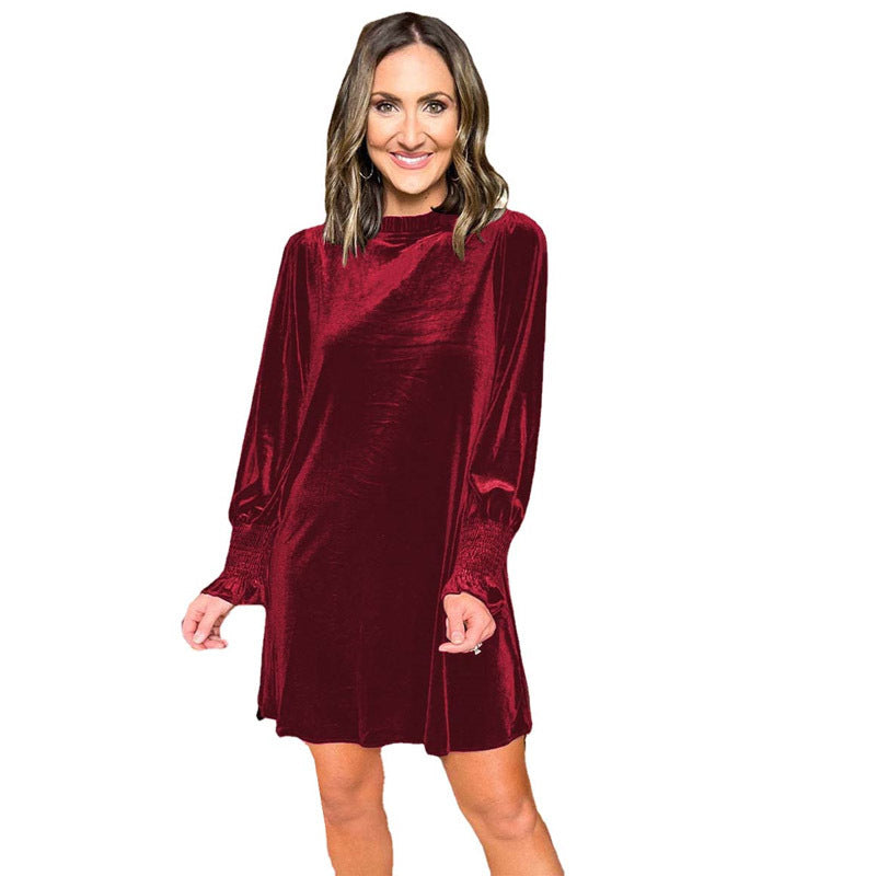 Damen Samt-Minikleid mit Stehkragen und gerafften Smokärmeln Shop Nory