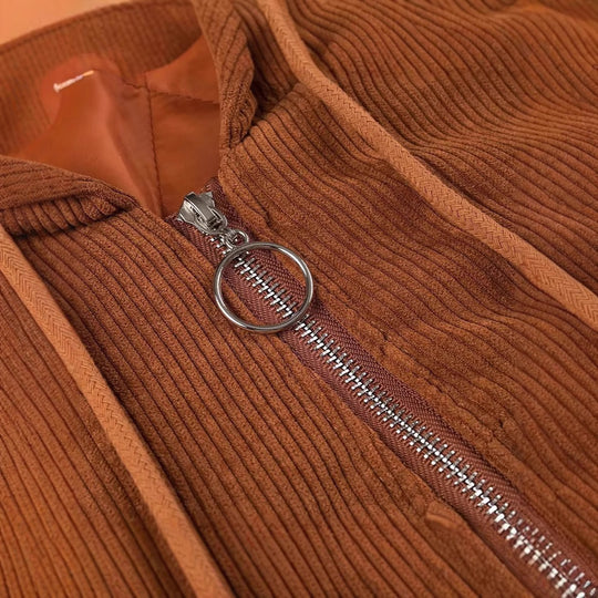 Damen Kurz geschnittene Cordjacke mit Kapuze, Teddyfutter und durchgehendem Reißverschluss Shop Nory