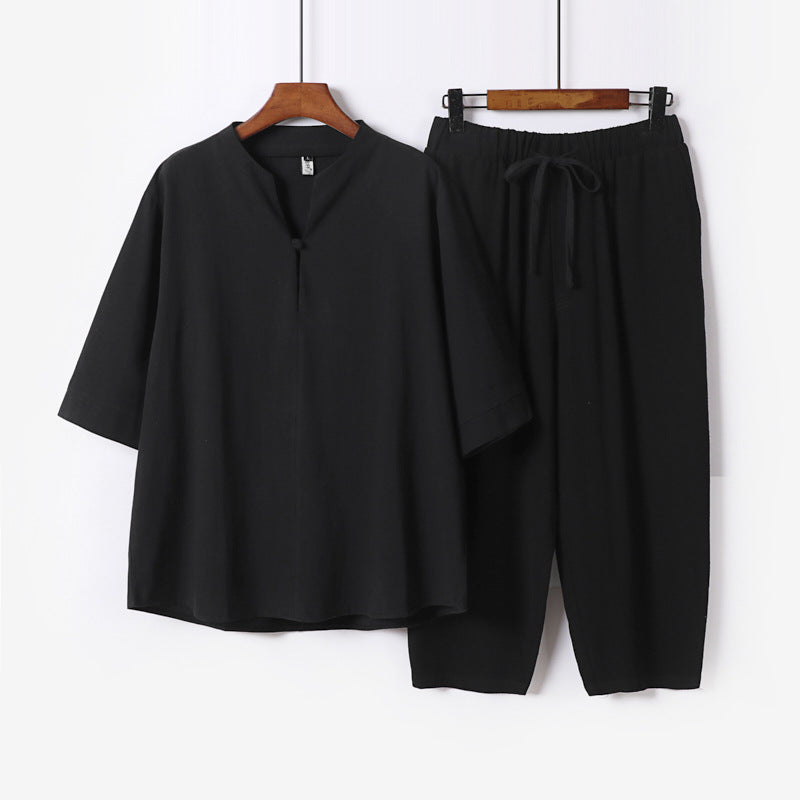 Damen Leichtes Leinen-Baumwoll-Loungewear-Set mit Stehkragen, Dreiviertelärmeln und Gummizugbundhose Shop Nory