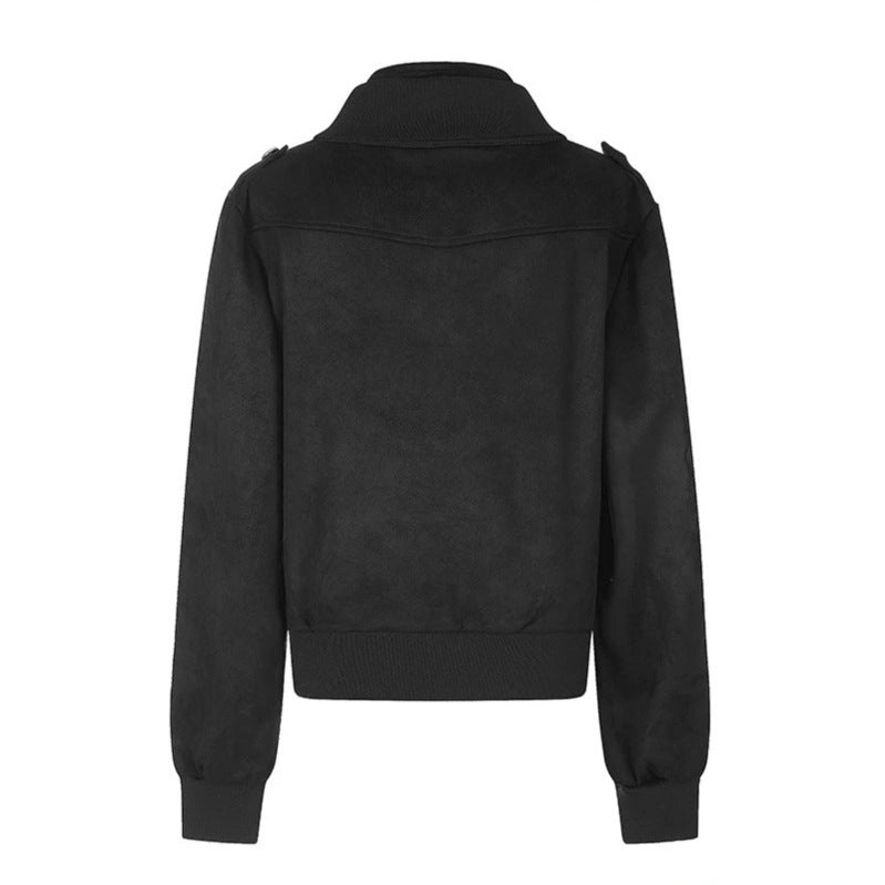Damen Kurz geschnittene Samtvelours Bomberjacke mit Schmuckknöpfen und Schulterklappen Shop Nory