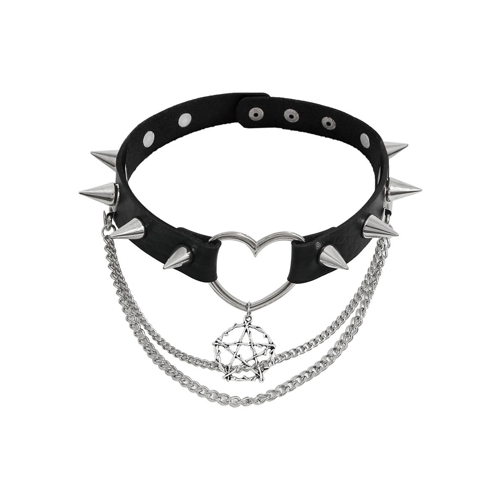 Damen vielseitiges Nietenhalsband mit Ketten und Herzdetails Shop Nory