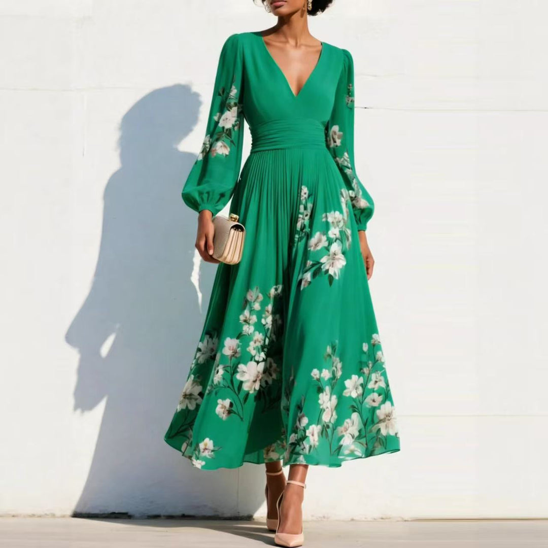 Damen Chiffon-Midikleid mit V‑Ausschnitt, geraffter Taille und floralem Plissee-Rock Shop Nory