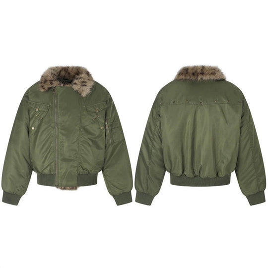 Damen wattierte Bomberjacke mit Kunstpelzkragen und Utility‑Details Shop Nory