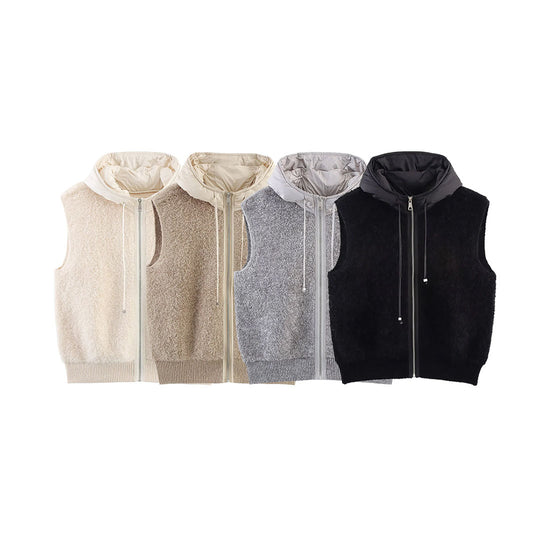 Damen Ärmellose Bouclé-Weste mit Reißverschluss, wattierter Kapuze und Rippbund Shop Nory