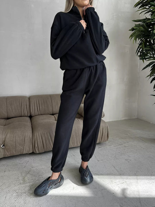 Damen lässiges Fleece-Jogginganzug Set mit Stehkragen und halbhohem Reißverschluss Shop Nory
