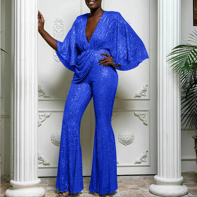 Damen Glamouröser Jumpsuit mit funkelnden Pailletten und weitem Bein