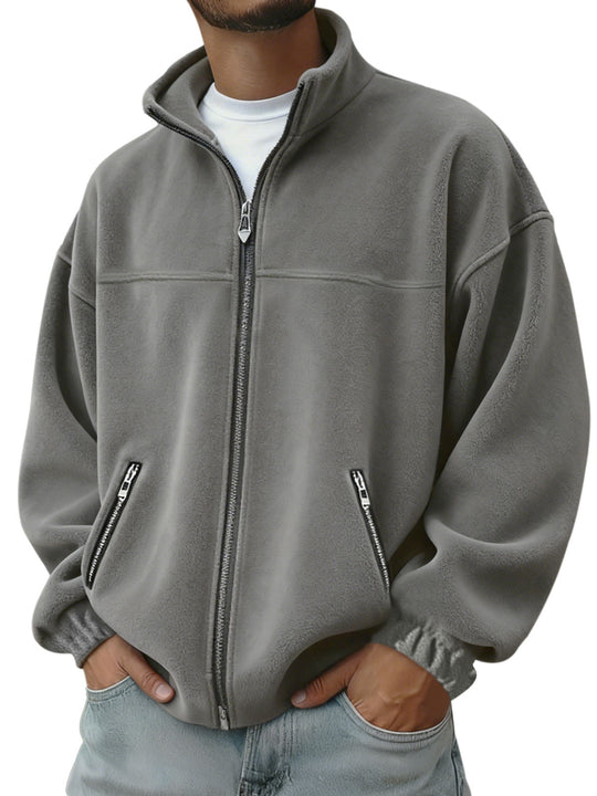 Herren Oversize Fleecejacke mit Stehkragen, durchgehendem Reißverschluss und Reißverschlusstaschen EB