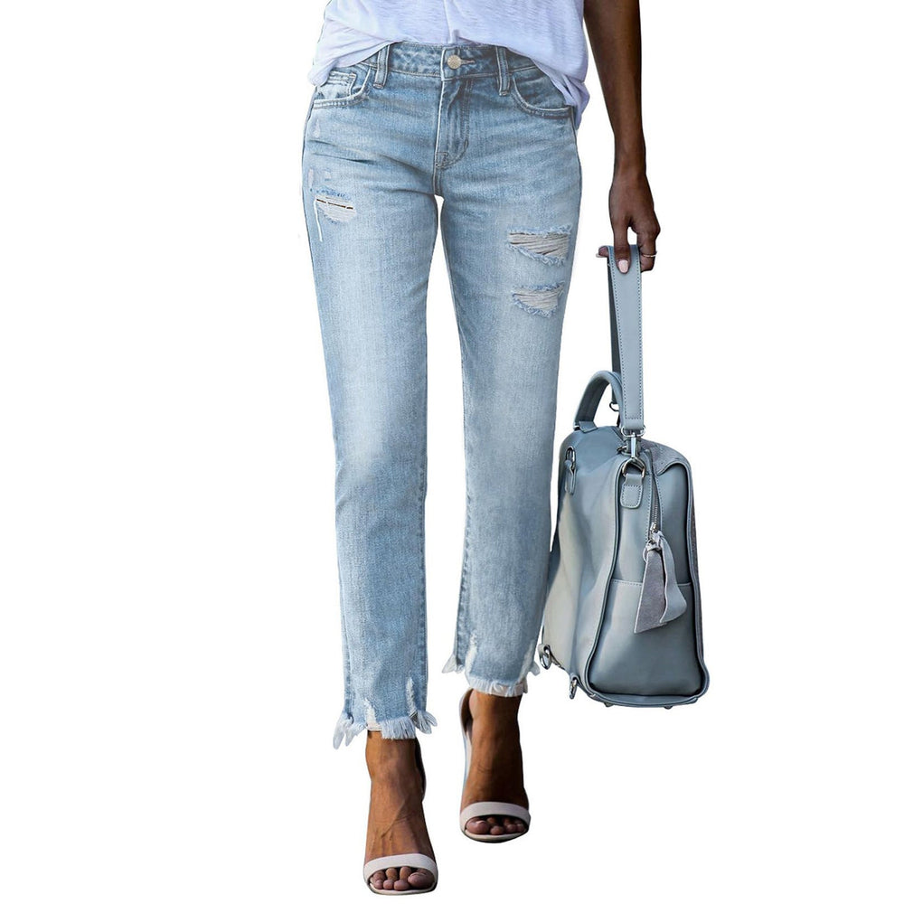 Damen Vintage Slim-Fit Jeans mit fransigem Saum und modischen Rissen