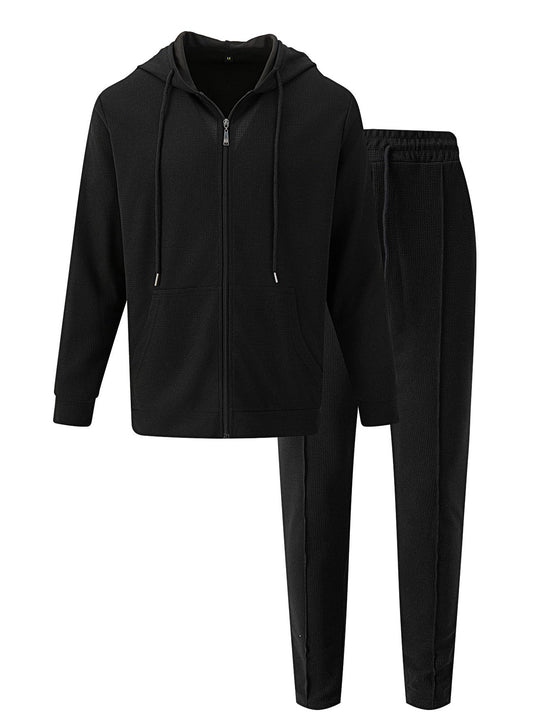 Herren nan Waffelstruktur-Jogginganzug mit Kapuzen-Zipjacke und konisch geschnittener Jogginghose