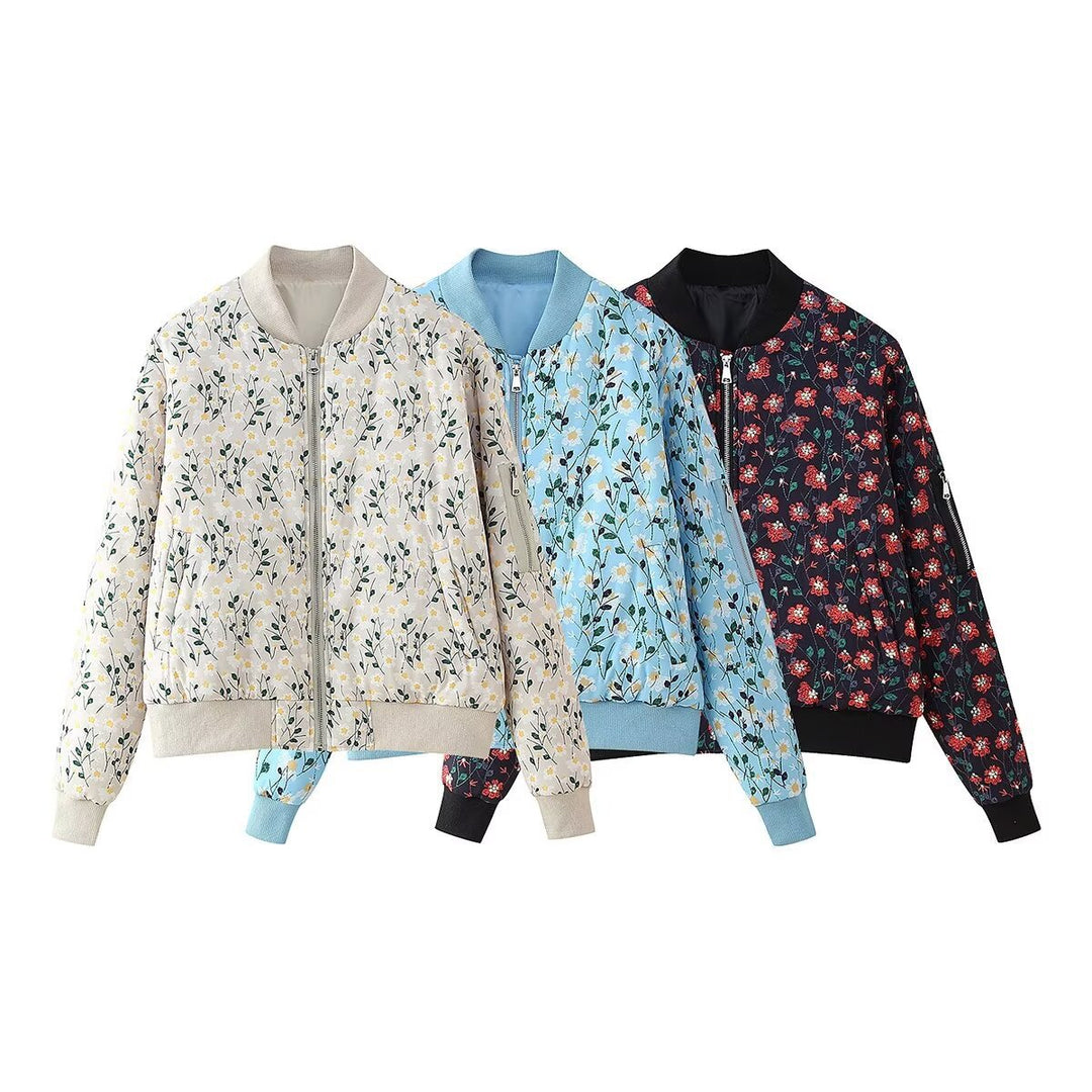 Damen Leicht wattierte gesteppte Bomberjacke mit floralem Alloverprint und Rippbündchen Shop Nory