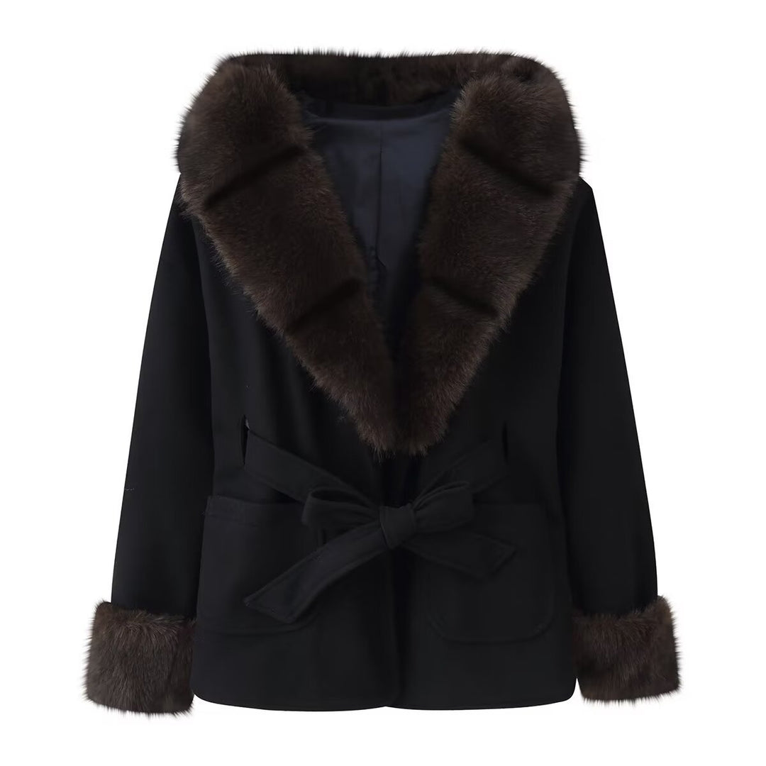 Damen Kurzer Wollmix-Mantel mit Kunstfellkragen, Taillengürtel und aufgesetzten Taschen Shop Nory