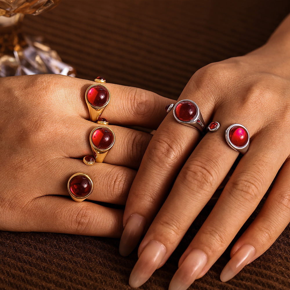 Damen Offener Ring mit rotem Granat aus hochwertigem Edelstahl Shop Nory