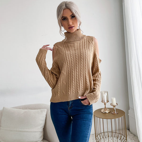 Damen Rollkragenpullover mit Zopfmuster und Schulter-Cutouts Shop Nory