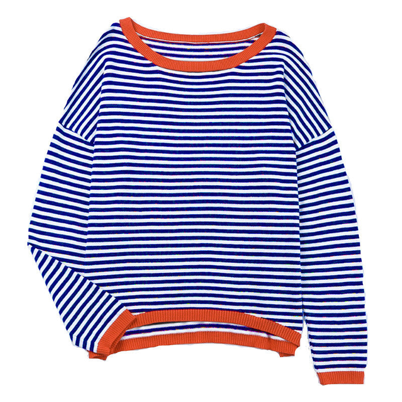 Damen nan gestreifter Baumwollpullover mit Rundhalsausschnitt, legerer Passform und gerippten Abschlüssen Shop Nory