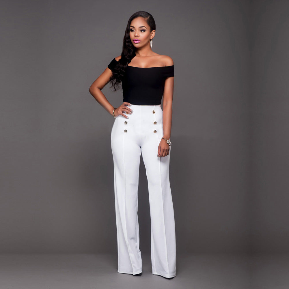 Damen hochtaillierte Palazzo-Hose mit dekorativen Knopfdetails