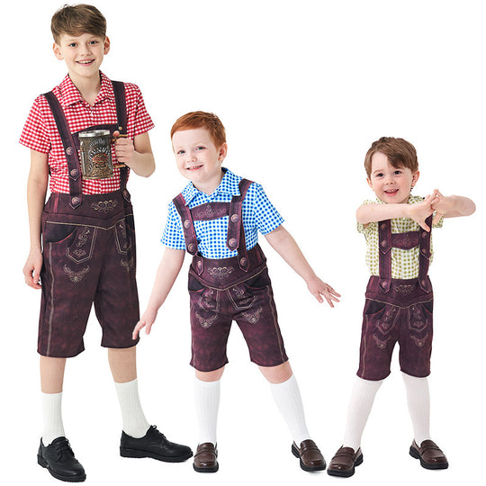 Damen nan traditionelle Trachtenlederhose mit verstellbaren Trägern und kariertem Blusen-Set Shop Nory
