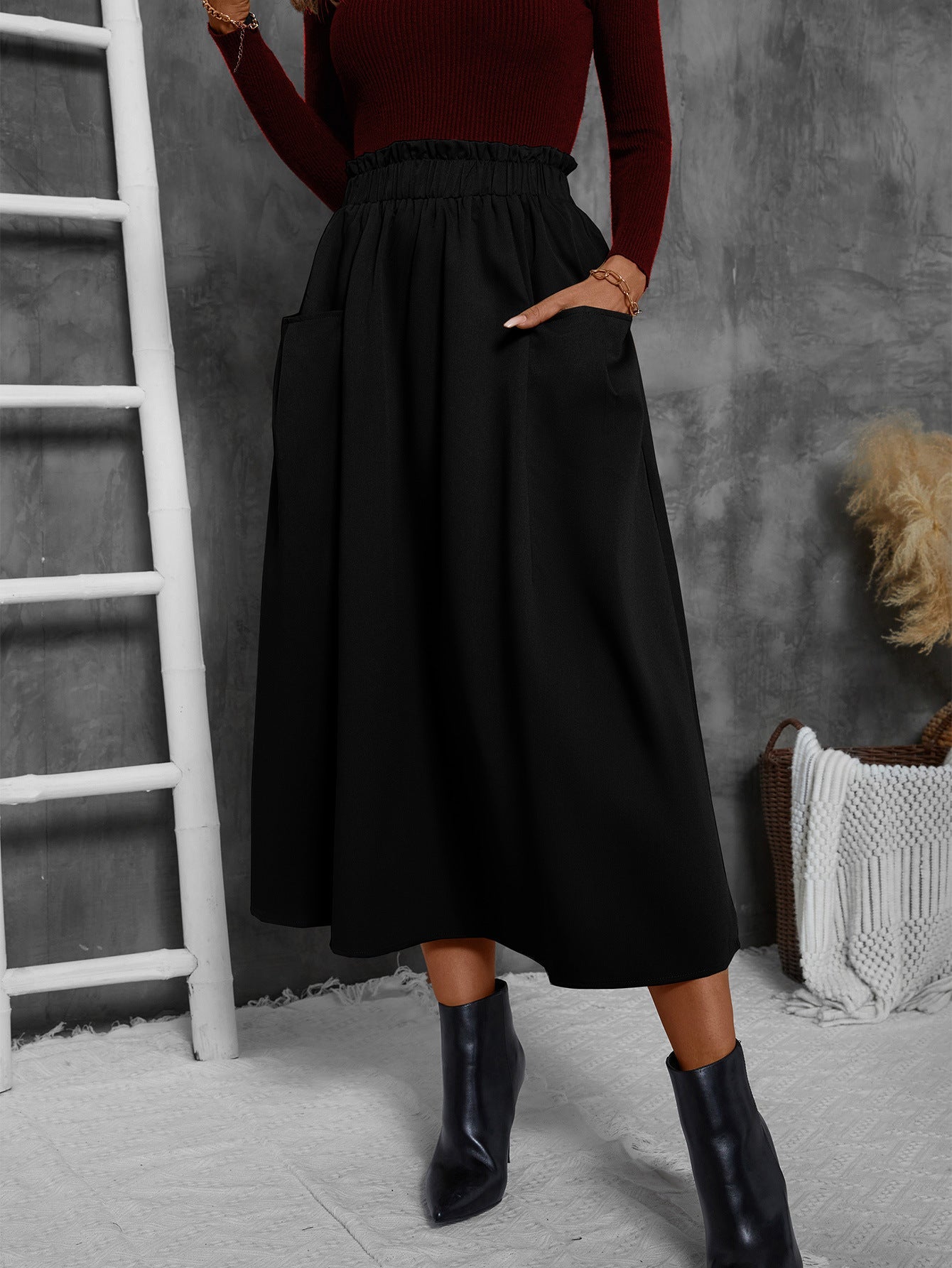 Damen Luftiger Midirock mit elastischem Bund und praktischen Taschen Shopnory