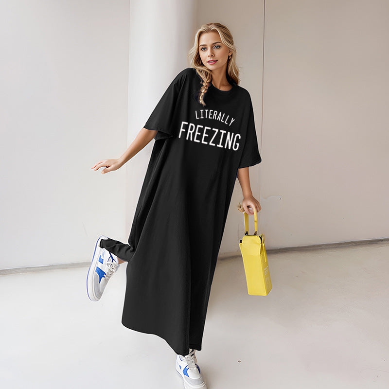 Damen nan lässiges Oversize Maxi-T-Shirt-Kleid mit Rundhals und Statement-Print Shop Nory