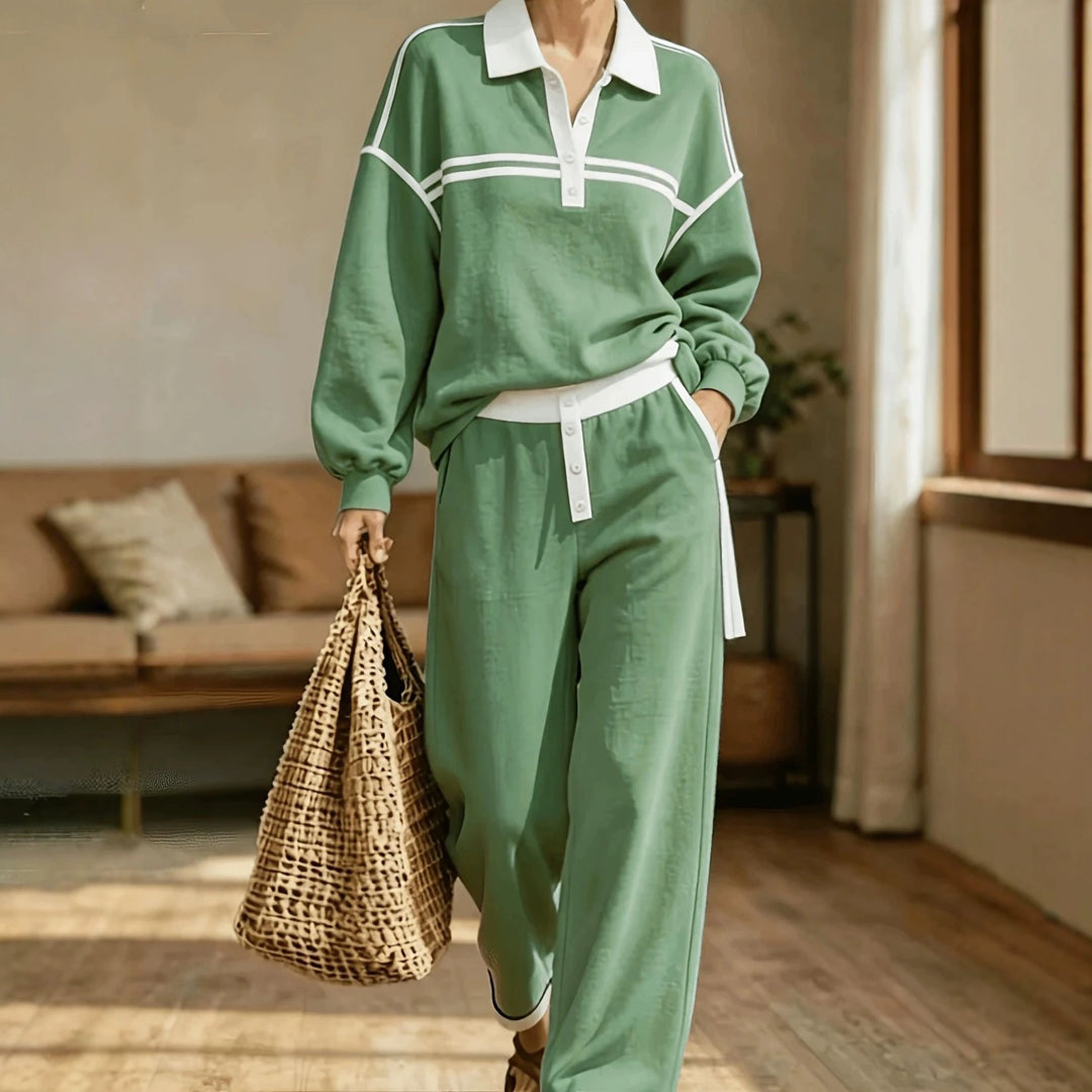 Damen Lounge-Set aus weichem Jersey mit Polokragen, Kontraststreifen und weiter Jogpant Shop Nory