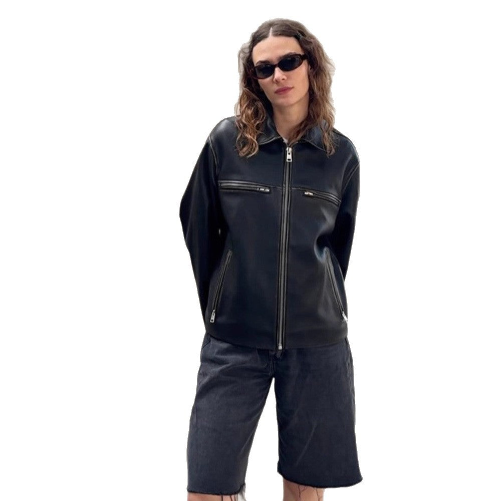 Damen Boxy-Lederimitatjacke mit zweifachem Reißverschluss und Brustzippern Shop Nory