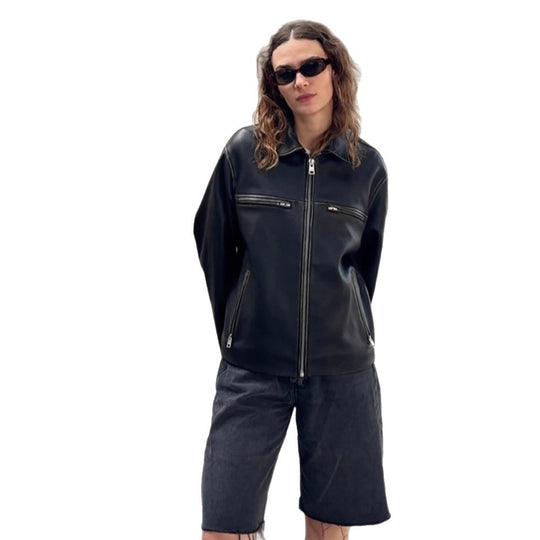 Damen Boxy-Lederimitatjacke mit zweifachem Reißverschluss und Brustzippern Shop Nory