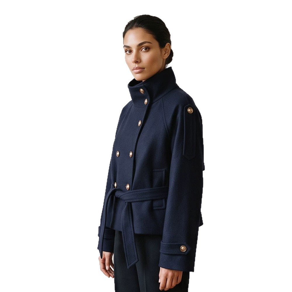 Damen Kurzer doppeltreihiger Mantel mit Stehkragen und Bindegürtel Shop Nory