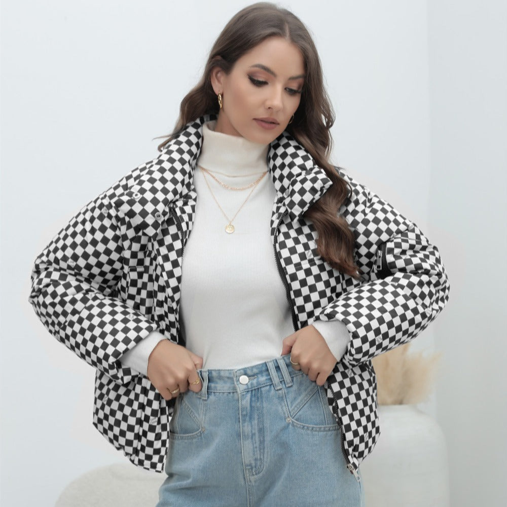 Damen Kurzgestepptes Karo-Winterjacke mit Stehkragen und Ärmeltasche Shop Nory