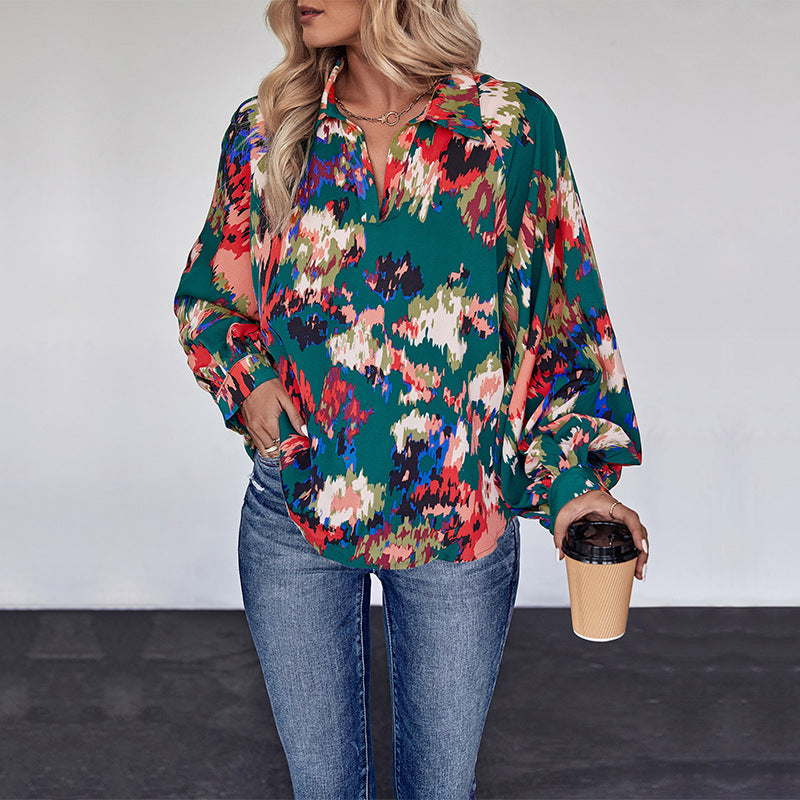 Damen Weites Blusenshirt mit Hemdkragen, abstraktem Print und Ballonärmeln Shop Nory