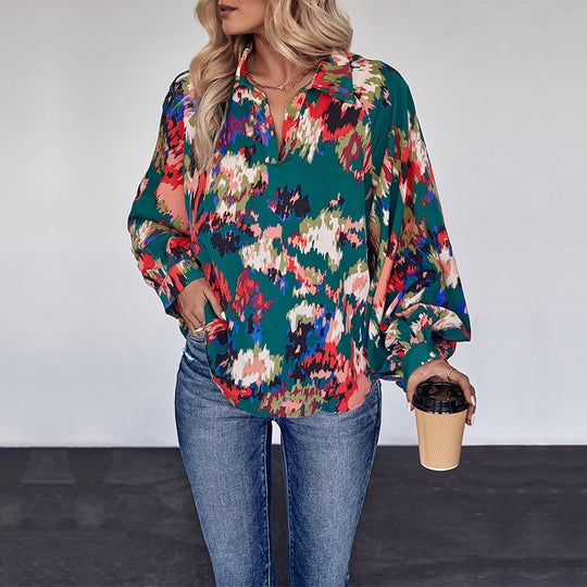 Damen Weites Blusenshirt mit Hemdkragen, abstraktem Print und Ballonärmeln Shop Nory