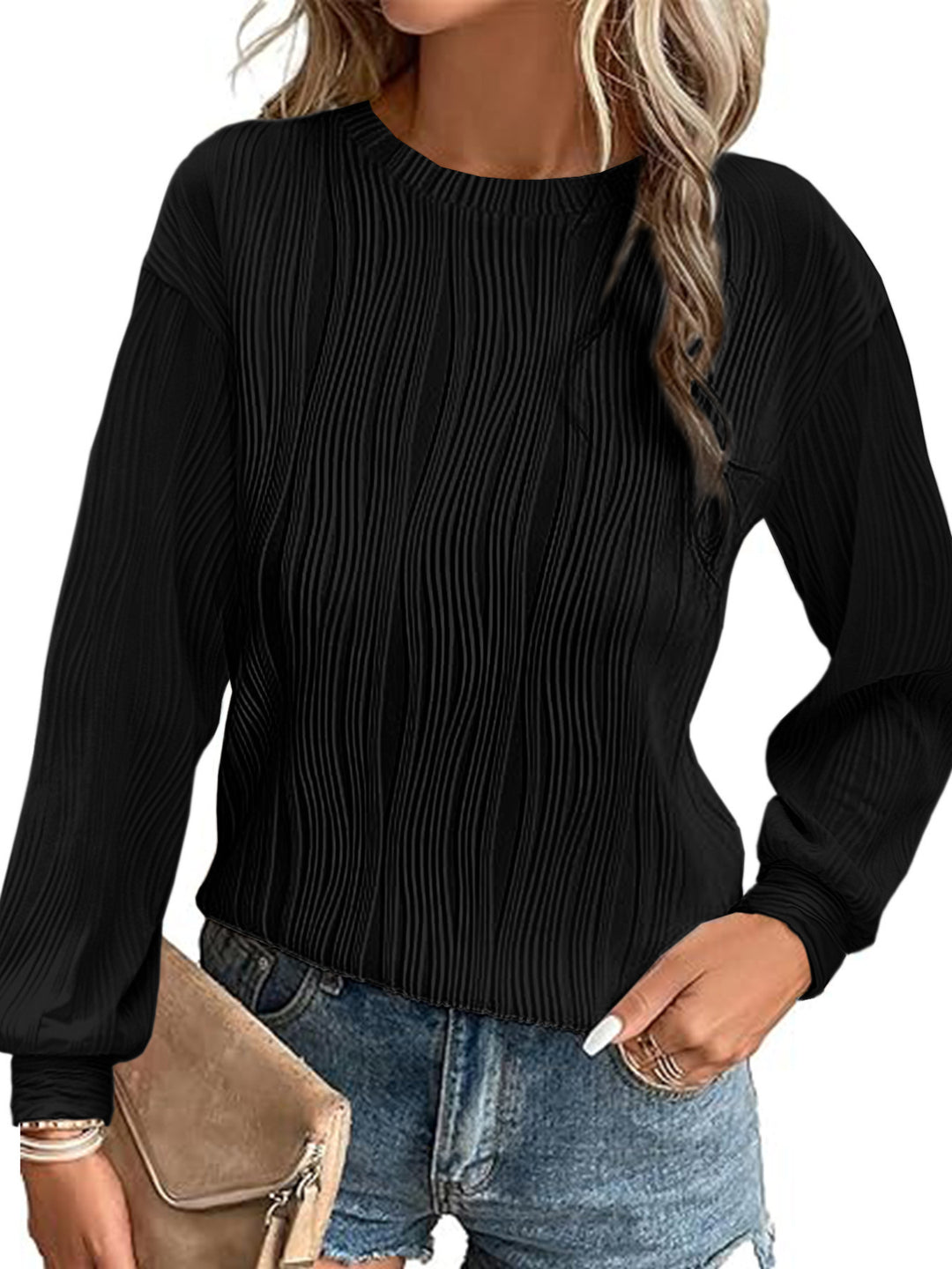 Damen Fein plissiertes Langarmshirt mit Rundhalsausschnitt und strukturierter Wellenoptik Shop Nory