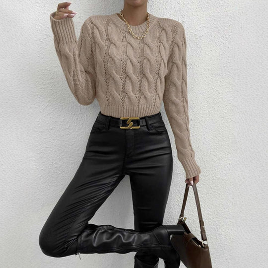 Damen Feiner Zopf‑Strickpullover mit Rundhals und gerippten Bündchen Shop Nory