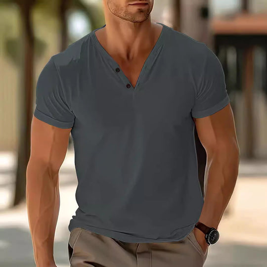 Herren nan kurzärmeliges Henleyshirt mit V-Ausschnitt und Zweiknopfleiste aus Baumwollmix Shopnory