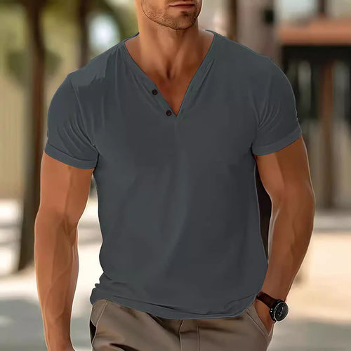 Herren nan kurzärmeliges Henleyshirt mit V-Ausschnitt und Zweiknopfleiste aus Baumwollmix Shopnory