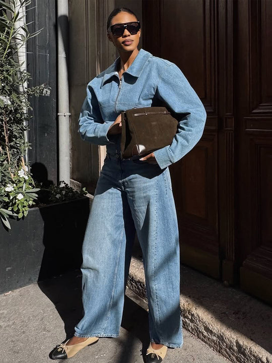 Damen Kurz geschnittene Jeansjacke mit Reißverschluss und definierter Schulterlinie Shop Nory