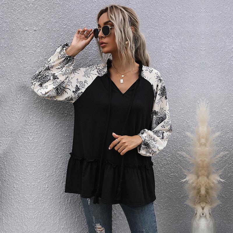 Damen Lässige V‑Ausschnitt Tunika‑Bluse mit Volantsaum, Blumenraglanärmeln und Kordelzug Shop Nory