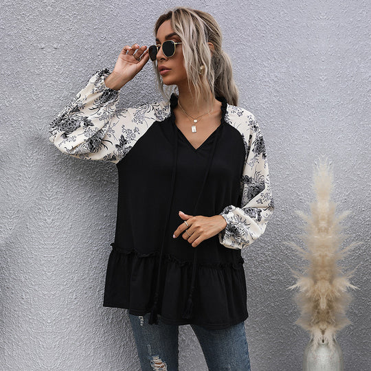 Damen Lässige V‑Ausschnitt Tunika‑Bluse mit Volantsaum, Blumenraglanärmeln und Kordelzug Shop Nory