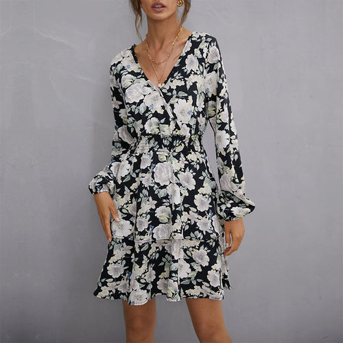 Damen Florales Minikleid mit Wickeloberteil, Smok-Taillenband und Stufenrock Shop Nory